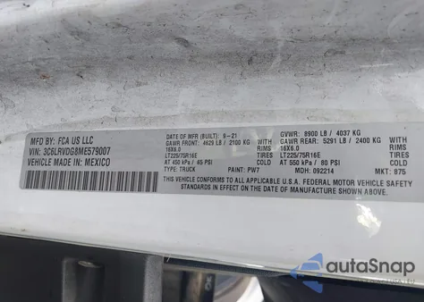 2021 Ram Promaster 2500 High Roof 159 Wb from USA, damaged, VIN 3C6LRVDG8ME579007